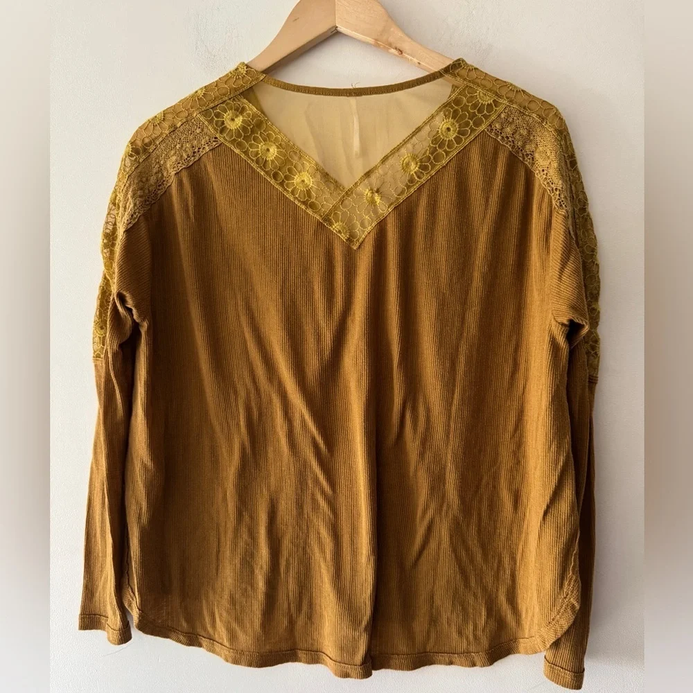 Free People‎ Women's Lola Long-Sleeve Blouse, Mustard Yellow Boho Lace Trim